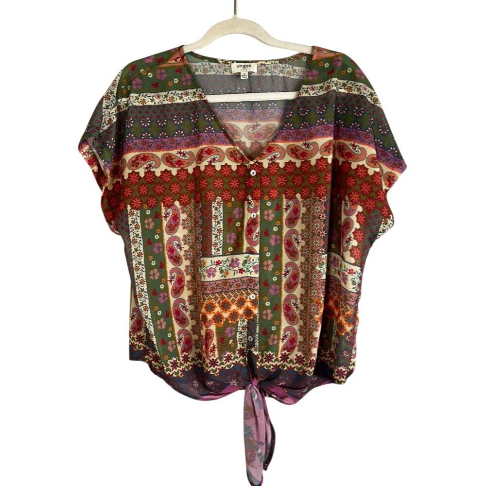 Colorful Floral Sheer Top S Boho Indie Folk Peasant Festival Concert Western Art